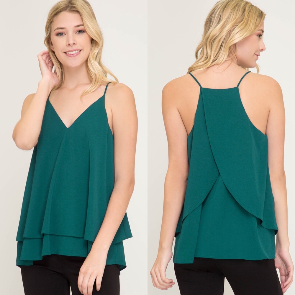 Green Spaghetti Strap Layered Cami Top - Picture 2 of 5